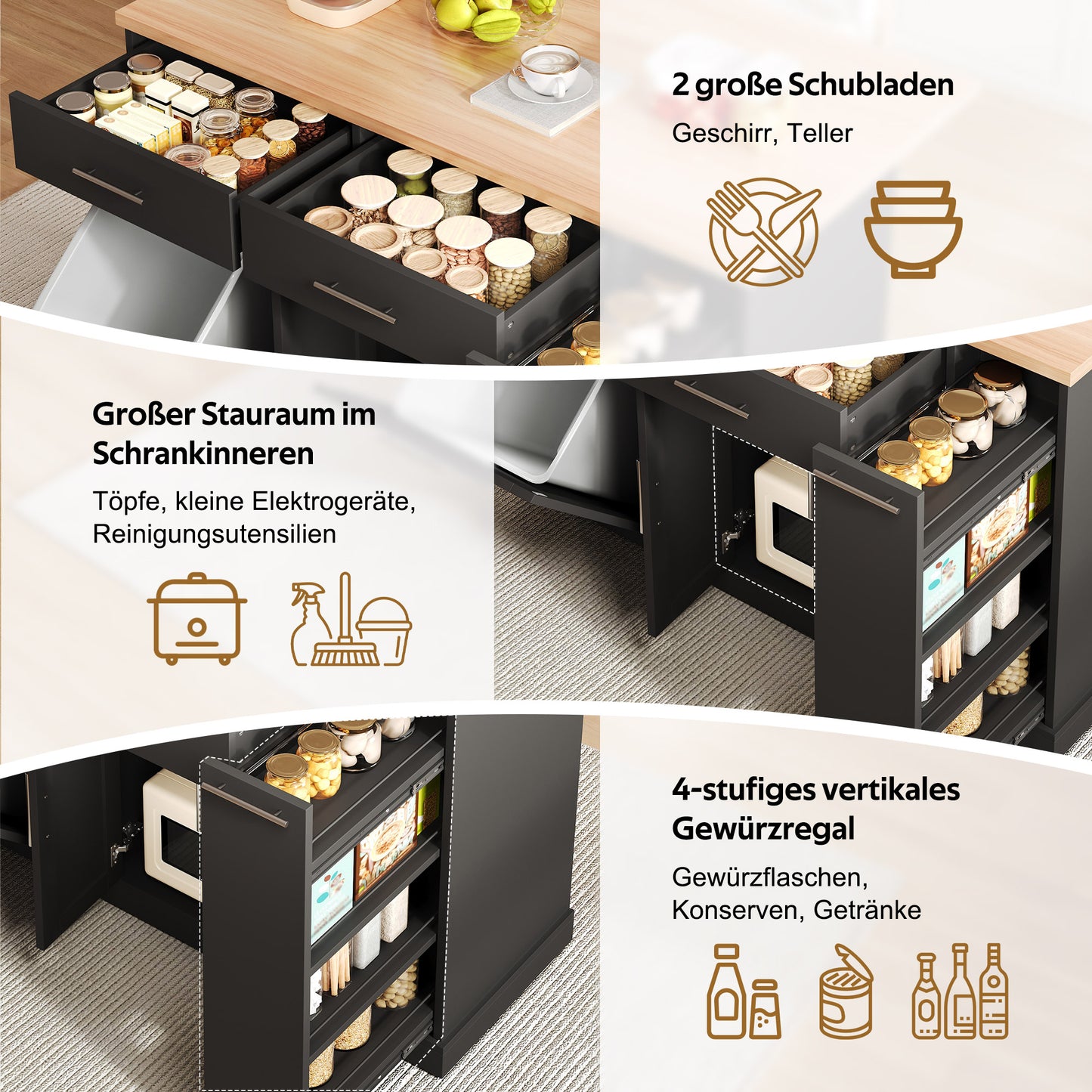 Kitchen Island On Wheels With Folding Worktop, Kitchen Trolley With Garbage Cabinet, 4-tier Spice Rack, 2 Drawers And Lockable Castors, 120 X45  X 93 Cm