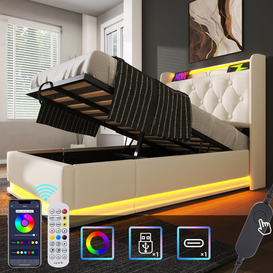 Upholstered Bed Single Bed, 360 Surround LED Function, Push Button App Remote Control, 90x200 Cm, White PU Material Hydraulic Storage Bed, Upholstered Headboard With USB Type-C Charging Function