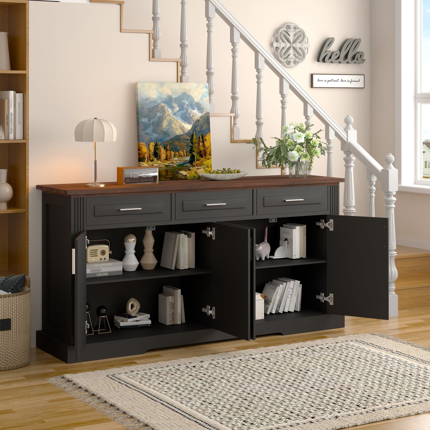 63  Fluted Sideboard Buffet Cabinet With Storage, Modern Coffee Bar Station With 4 Doors And 3 Drawers, Wood Kitchen Storage Console Table For Living Room Dining Room Entryway, Black