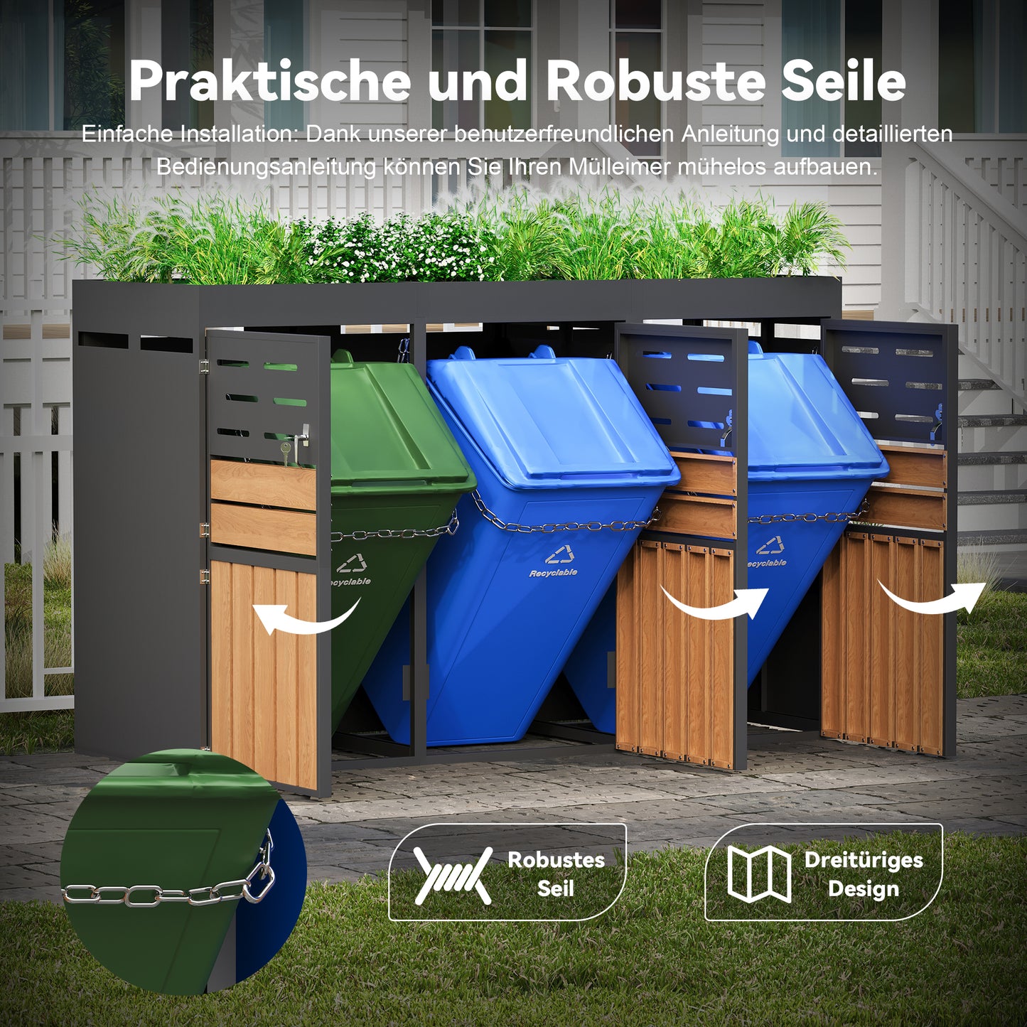 Multifunctional Outdoor Cabinet With Integrated Plant Box, Slat Ventilation, Three Separate Compartments, Galvanized Steel Frame And Safety Chain  For Storage & Garden Decoration  Without Waste Bin