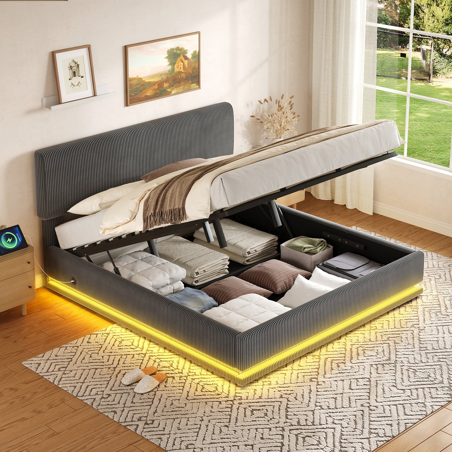Modern Sponge Bed With LED Lighting And USB-C Charging Function, Height-adjustable Headboard, Cord Fabric, Stable Slat Bed, Large Underbed Storage And Comfortable Cushion Headboard. 180X200 Gray