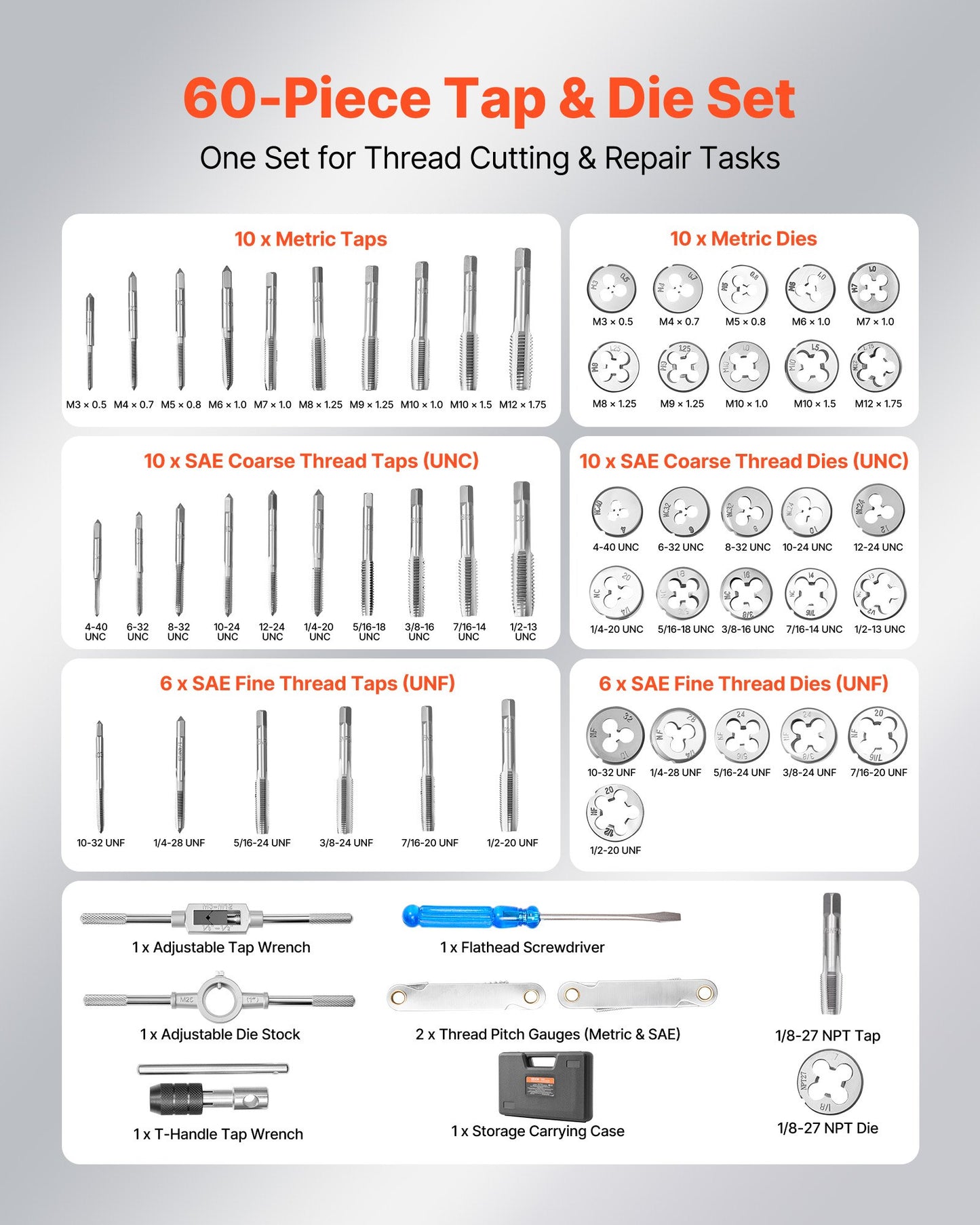 Tap And Die Set, 60-Piece Metric And SAE Sizes M3 To M12, #4 To 1/2", With Coarse And Fine Thread Taps And Dies, Wrench, Carrying Case And Complete Accessories, For Threading And Rethreading