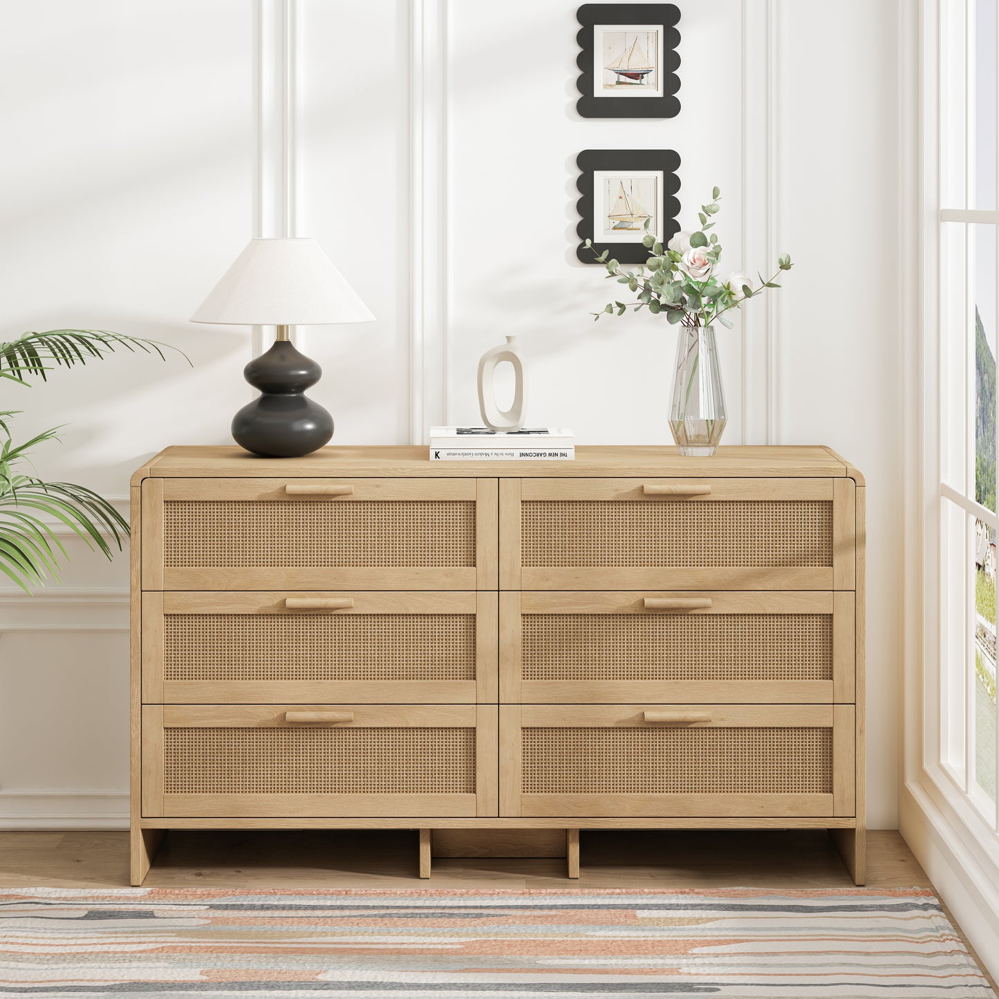 130CM  Shaped Corner Rattan Cabinet, 6-Drawers Rattan Storage Cabinet Rattan Drawer, For Living Room Bedroom,and Kitchen, Natural