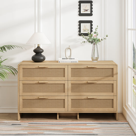 130CM  Shaped Corner Rattan Cabinet, 6-Drawers Rattan Storage Cabinet Rattan Drawer, For Living Room Bedroom,and Kitchen, Natural