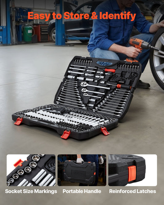Mechanics Tool Set, 308-Piece Mechanic Tool Kit, 1/4 In, 3/8 In, And 1/2 In Drive, SAE And Metric Socket Set, Wrenches, Screwdriver Bits, Accessories, And Storage Case, For Automotive Repair