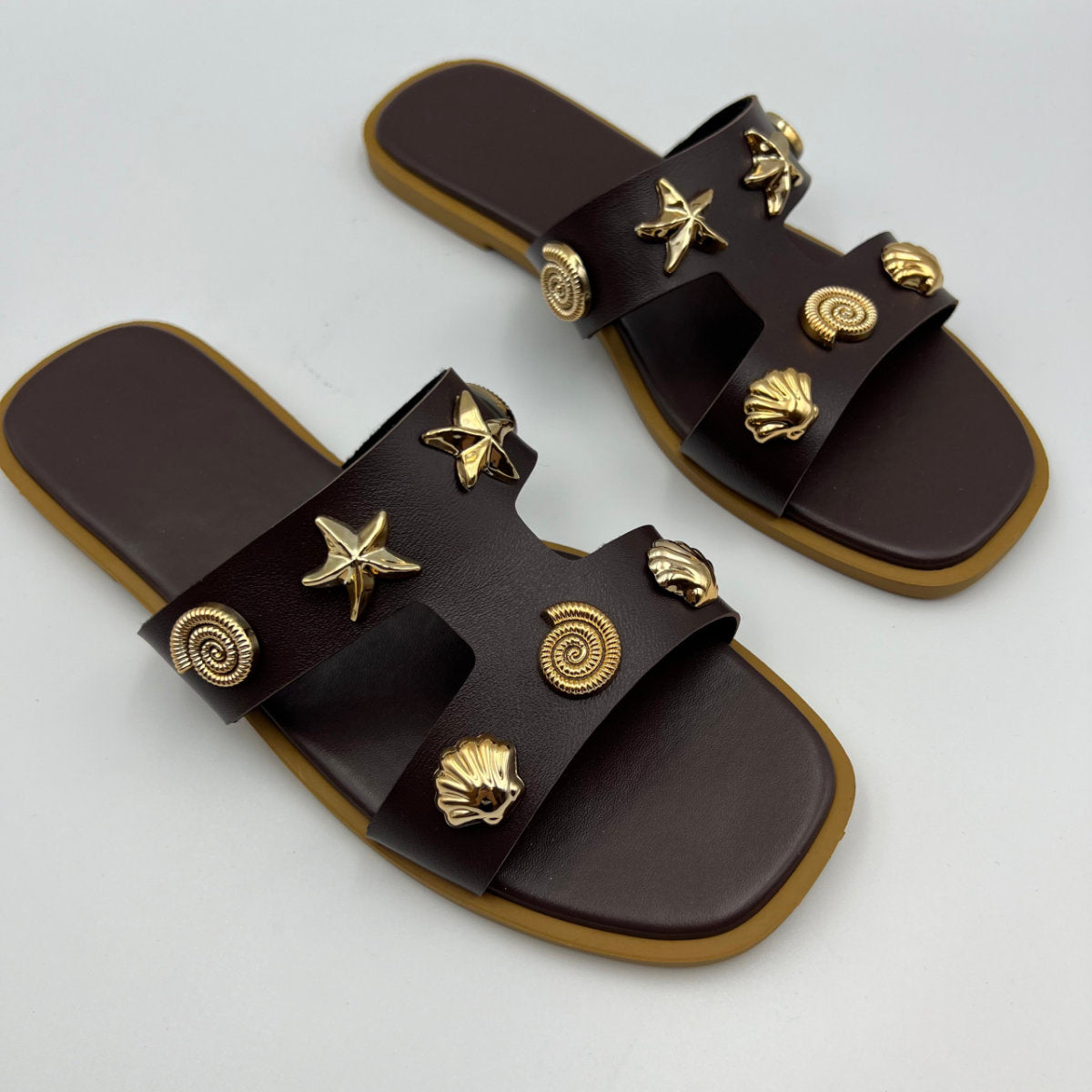 Women Nautical Slide Sandals, Retro Square Toe Double Strap Flat Slippers With Metal Starfish & Shell Decor, Summer Beach Outdoor Slides