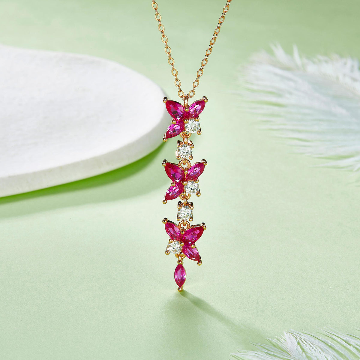 S925 Sterling Silver Y Drop Necklace, 5x3mm Lab-Grown Ruby Flower Dangle, Platinum Plated 3.7g Women's Elegant Jewelry Gift Box