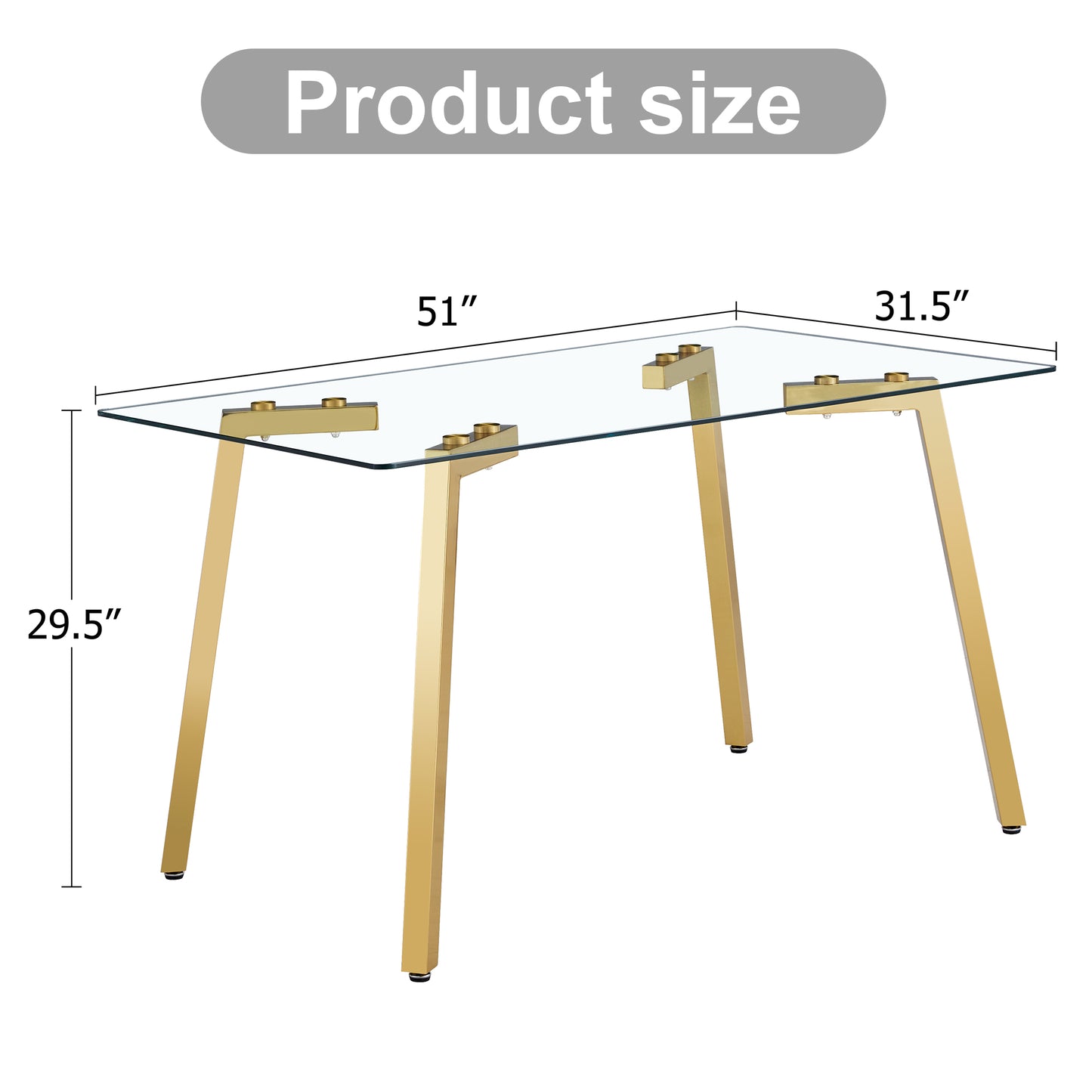 Modern Minimalist Style Rectangular Glass Dining Table With Tempered Glass Tabletop And Golden Metal Legs, Suitable For Kitchen, Dining Room, And Living Room, 51   X31.5x 29.5     1123