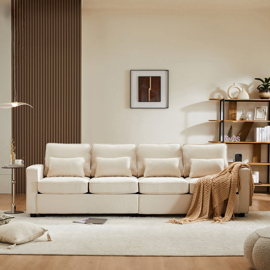 Modern 4 Seater Linen Fabric Sofa, Four Seater Sofa With Armrest Pockets And 4 Cushions, Simple Style Sofa, Suitable For Living Room, Apartment, Office, 3 Sofa Color Options