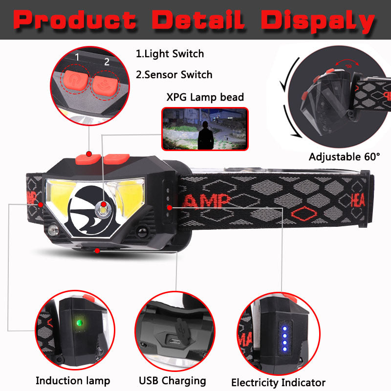USB Charging Warning Red LED Strong Light Induction Headlight Outdoor