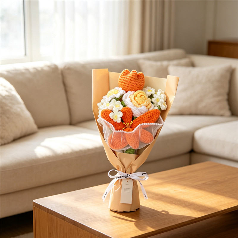 Handmade Crocheted Flower Bouquet, Orange Tulips And Lilies Matched With Roses And Tiny White Blossoms, Soft Yarn Everlasting Knitted Bouquet, Indoor Home Decorative Ornament