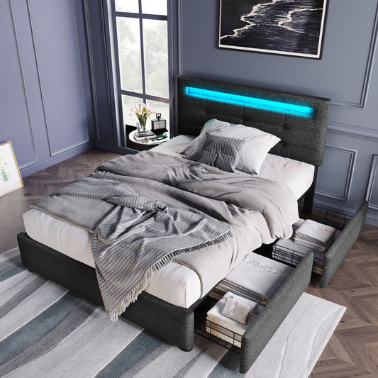 Bed Frame With LED Lighting And 2 Drawers, Single Bed Upholstered Bed 90x200cm, Height-adjustable Headboard, Wooden Slatted Base, Grey  Without Mattress