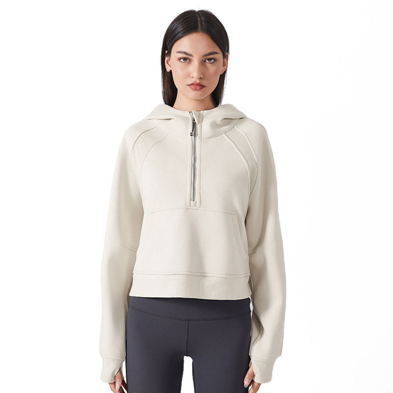 Fleece-lined Warm Yoga Clothes Half Zipper Hooded Sweater