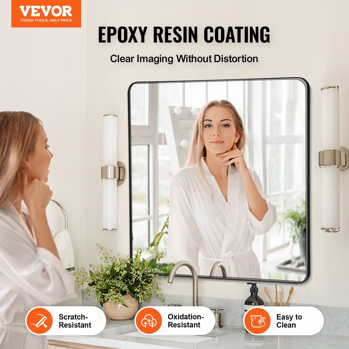 Wall Mounted Makeup Mirror, 0.15" Thick, 36" X 36" Mirror With Aluminium Alloy Frame & Explosion-Proof Film, Scratch-Resistant Mirror With Z-Shaped Bracket, Fit For Bathroom/Bedroom/Living Room
