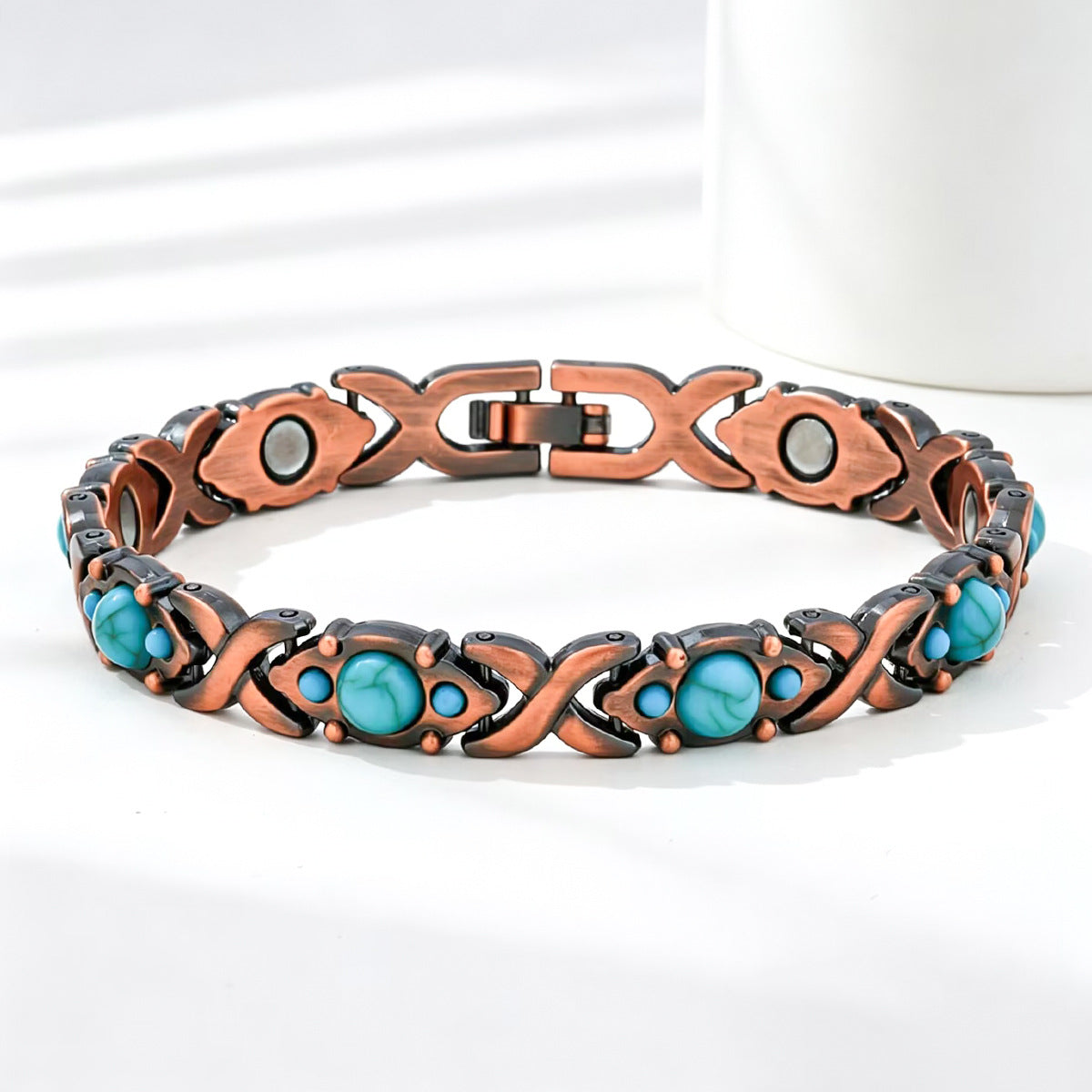 Temu Cross-Border Best-Selling Couple's Bracelet, Fashionable Antique Red Copper Brushed Design, Creative Upgraded Blue Turquoise Magnetic Bracelet, Adjustable