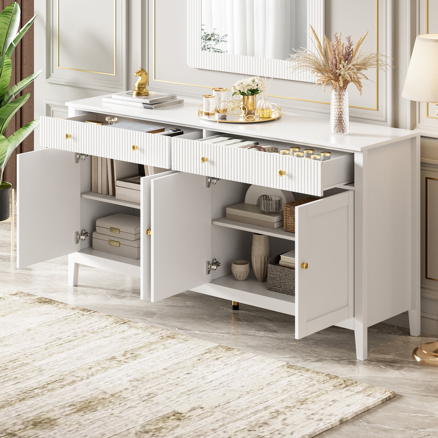 Stylish White Dining Room Sideboard With 2 Drawers And 4 Doors  Elegant Buffet For Kitchen, Dining Room & Living Room With Golden Handles And Generous Storage Space.  OLD SKU GL3234W