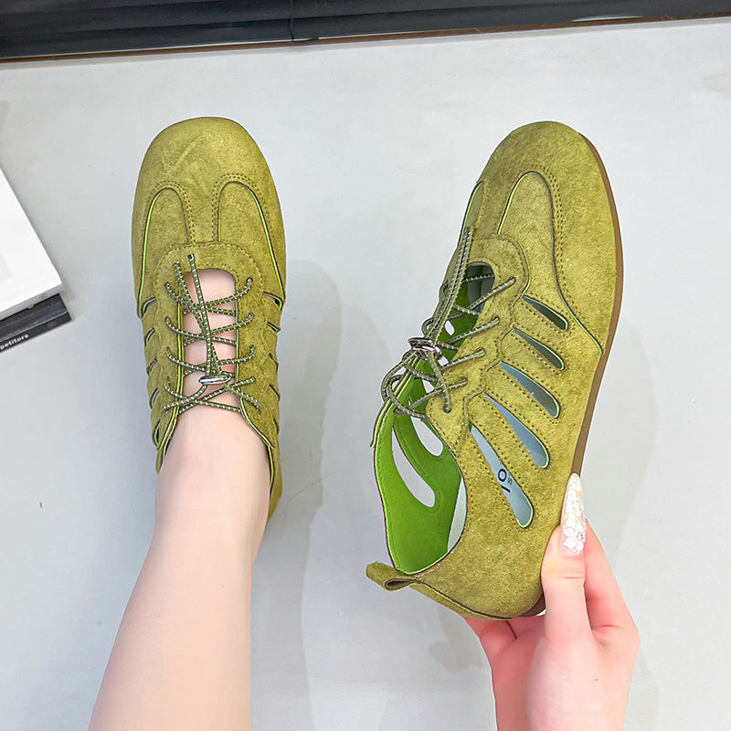 2026 New Women's French Hollow Breathable Hidden Platform Mary Janes, Round Toe Lace-Up Soft Flat Shallow Mouth Flats