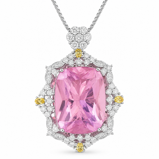 Cushion Cut Large  CZ Multi-Color Halo Pendant Necklace For Women, Copper Plated Silver White & Oval Yellow Cubic Zirconia Vintage Royal Luxury Bridal Statement Jewelry Gift