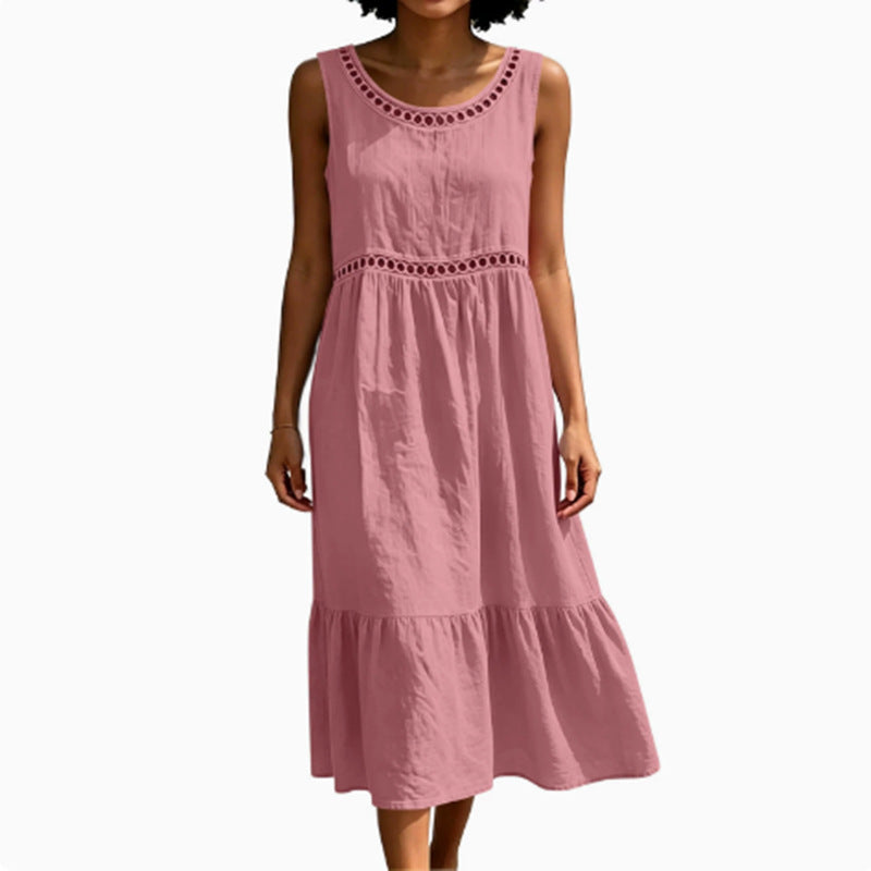 New Lace Casual Round-neck Solid-color Sleeveless Cotton-linen Dress For Women