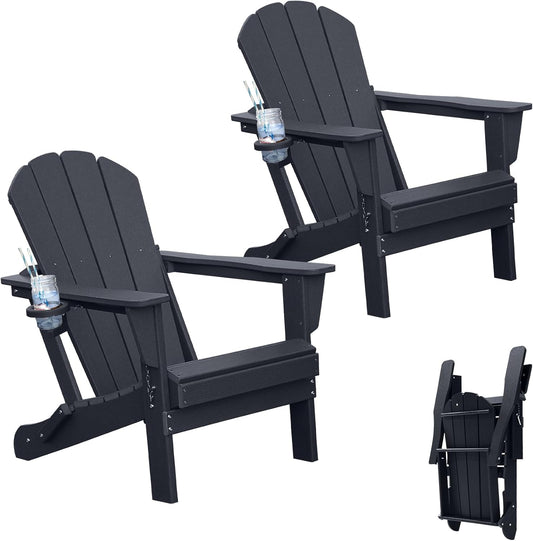 Adirondack Chairs Set Of 2, Plastic Adirondack Chair, Adirondack Chairs, HDPE Adirondack Chair, Folding Adirondack Chairs, Outdoor Chairs With Cup Holder For Lawn Patio Deck Fire Pit -Black