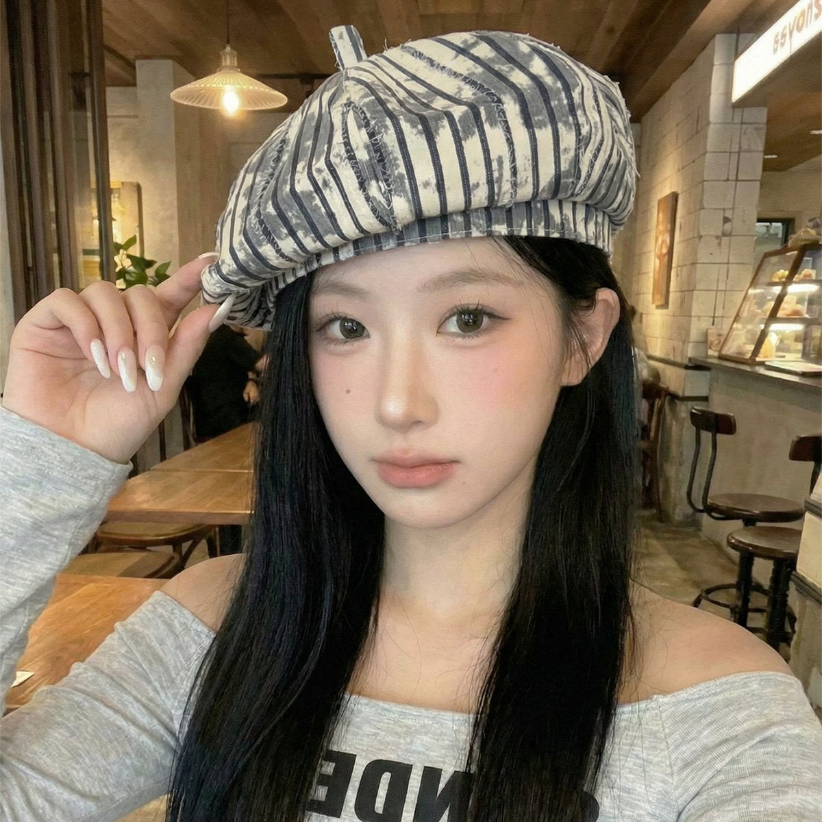 Retro Fashion Water-washed Distressed Octagonal Brimmed Beret With Faded Vertical Stripes - A Versatile Casual Hat For All Occasions