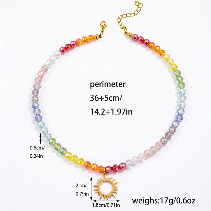 Rainbow Glass Bead Sun Necklace For Women, 18K Gold Plated Stainless Steel Celestial Sunburst Pendant Choker, Colorful Summer Jewelry Gift