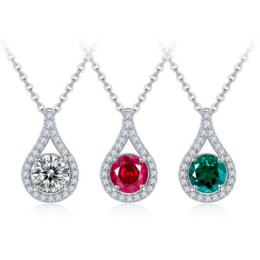 S925 Sterling Silver Teardrop Halo Necklace, 1ct Moissanite & Lab-Grown Ruby&Emerald, Platinum Plated Pendant With GRA Certificate Gift Box