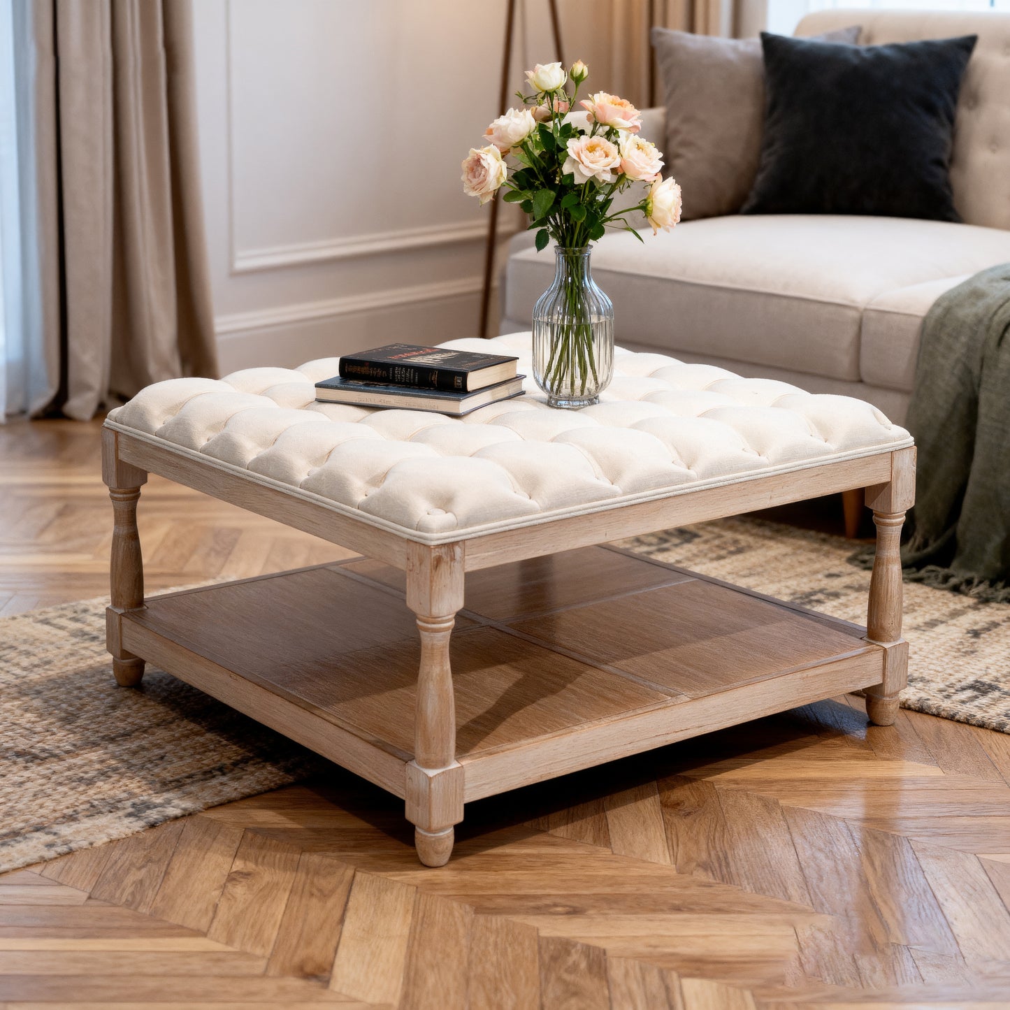 33 Inch Large Square Ottoman Coffee Tables For Living Room, Tufted Upholstered Linen Ottoman With Storage Shelf And Solid Legs For Office Bedroom Farmhouse  Beige