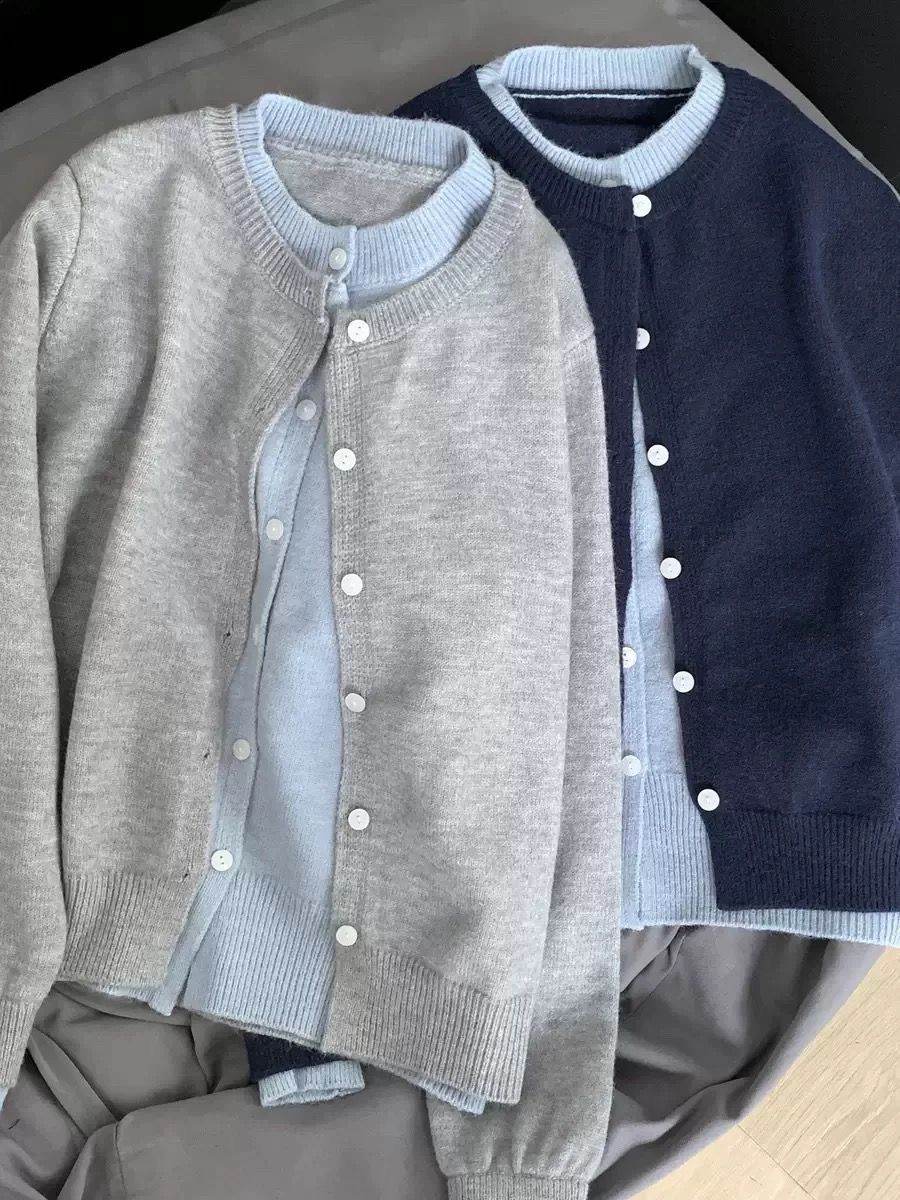 Autumn Korean-style Patchwork Contrasting Colors Fake Two-piece Gray Knitted Cardigan