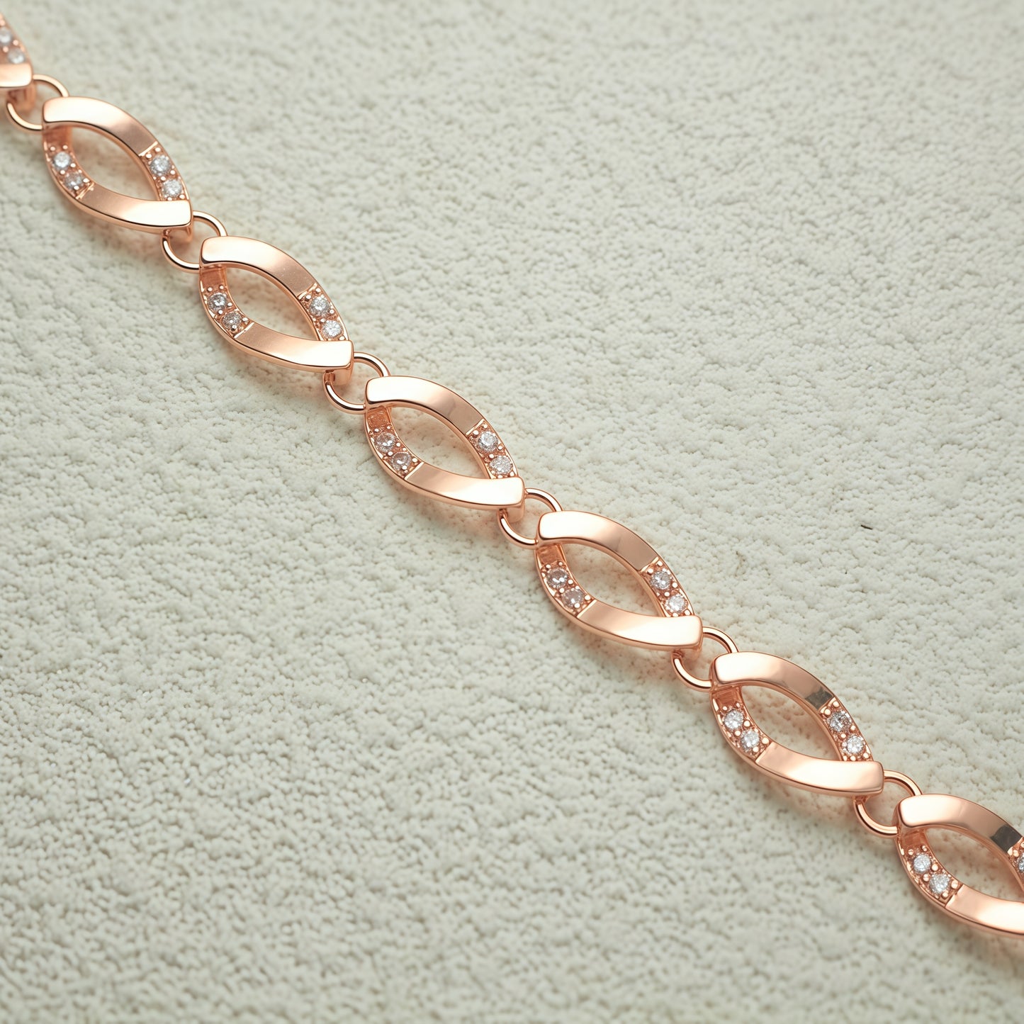 Rose Gold Twisted Oval Link Cubic Zirconia Bracelet For Women, Copper Plated Silver Dainty Adjustable Extension Chain Sparkling Wedding Daily Jewelry Gift