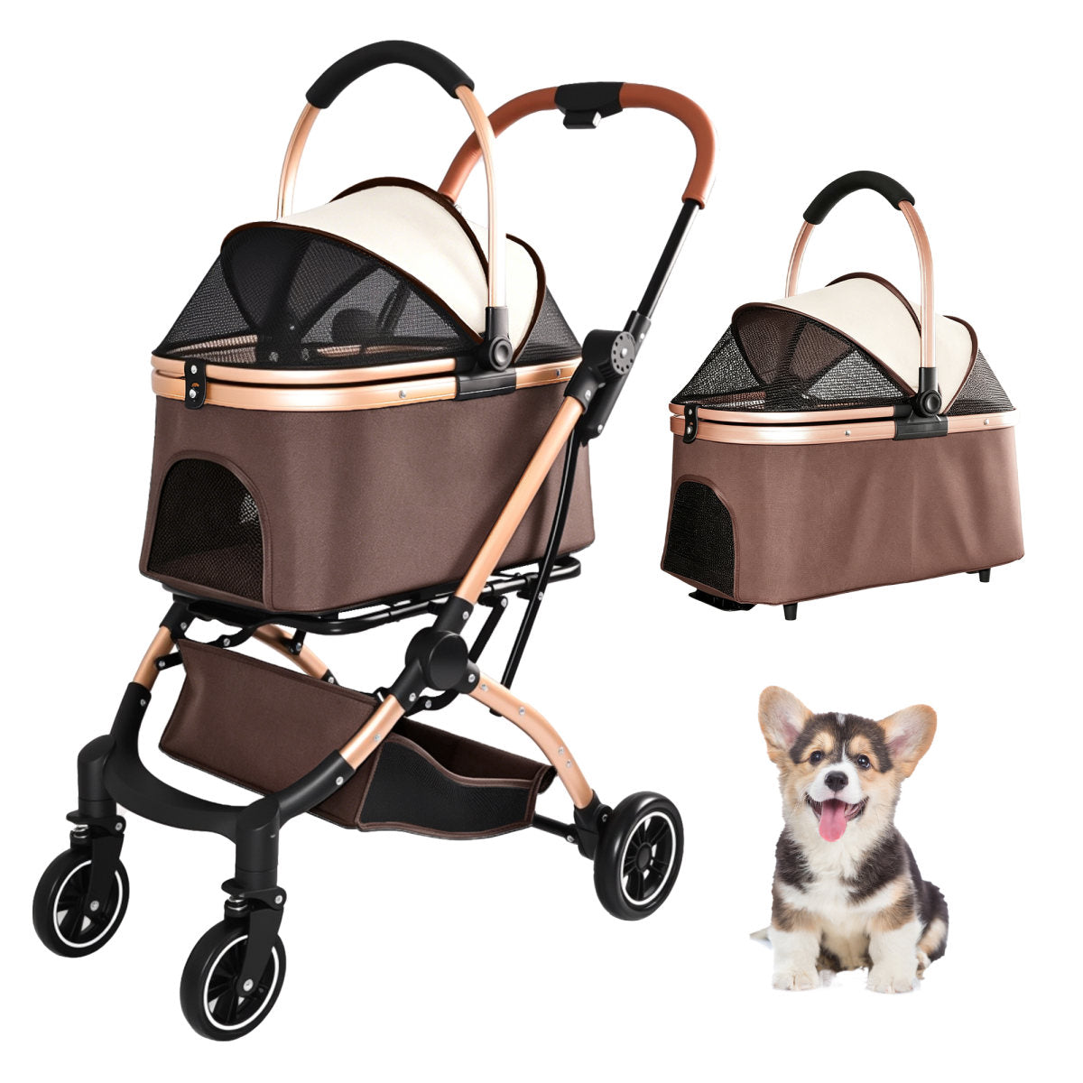 Pet Stroller for Dogs and Cats, 2-in-1 Detachable Foldable 4 Wheels Pet Stroller, Quick One-Hand Fold, Storage Basket, Detachable Carry Basket with Sun Canopy(Khaki++Gold)