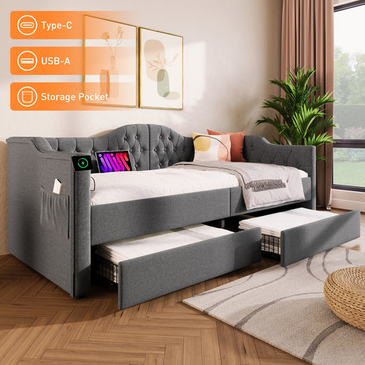 Upholstered Bed Daybed Sofa Bed Storage Beds Bed Frame With USB Type C Charging And 2 Drawers 90x190cm In Grey Linen  Without Mattress