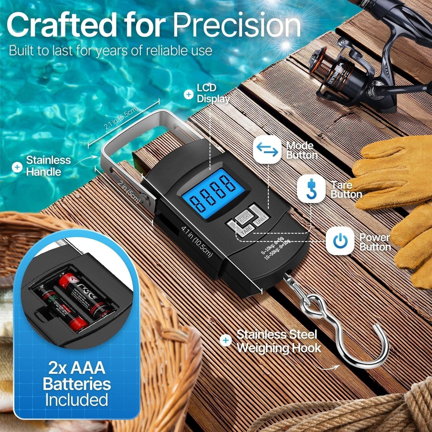 Digital Hanging Scale 110lb 50kg Portable Luggage Fish Scale With Tare, Backlit LCD, Steel Hook, Tape, Multi Unit Kg Lb Oz Jin, Batteries Included. Great For Travel, Fishing, Home, Farm, Hunting