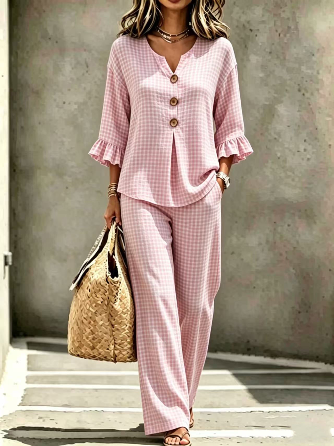 Womens New Casual Buttoned V-Neck Ruffled Hem Plaid Three-Quarter-Sleeve Top And Pants Set