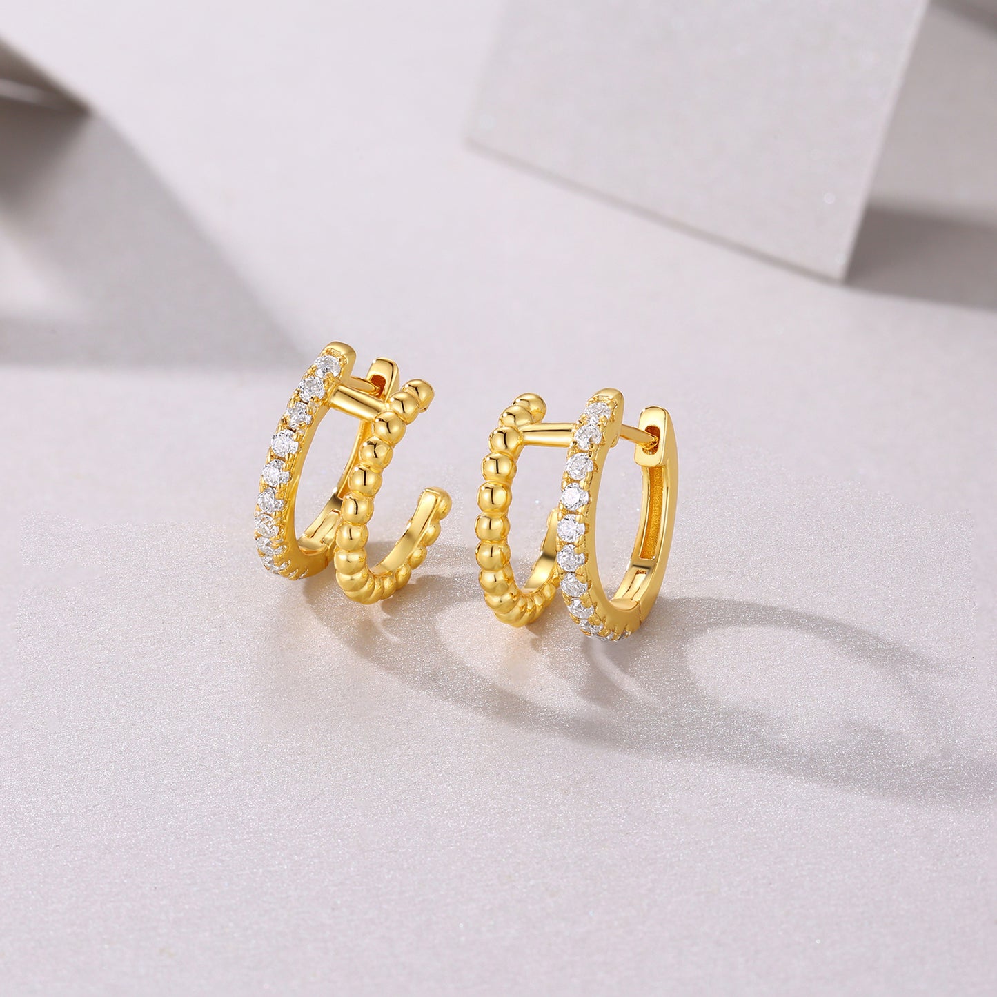 S925 Sterling Silver Double Hoop Earrings, D-VVS1 Moissanite Beaded Huggies, Platinum Plated 2.8g Women's Jewelry Gift Box
