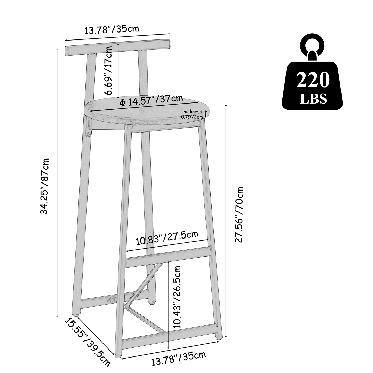 27 H Barstool Set Of 3 Wooden Round Bar Stools With Footrest Modern Kitchen Chairs For Counter  Black & Black