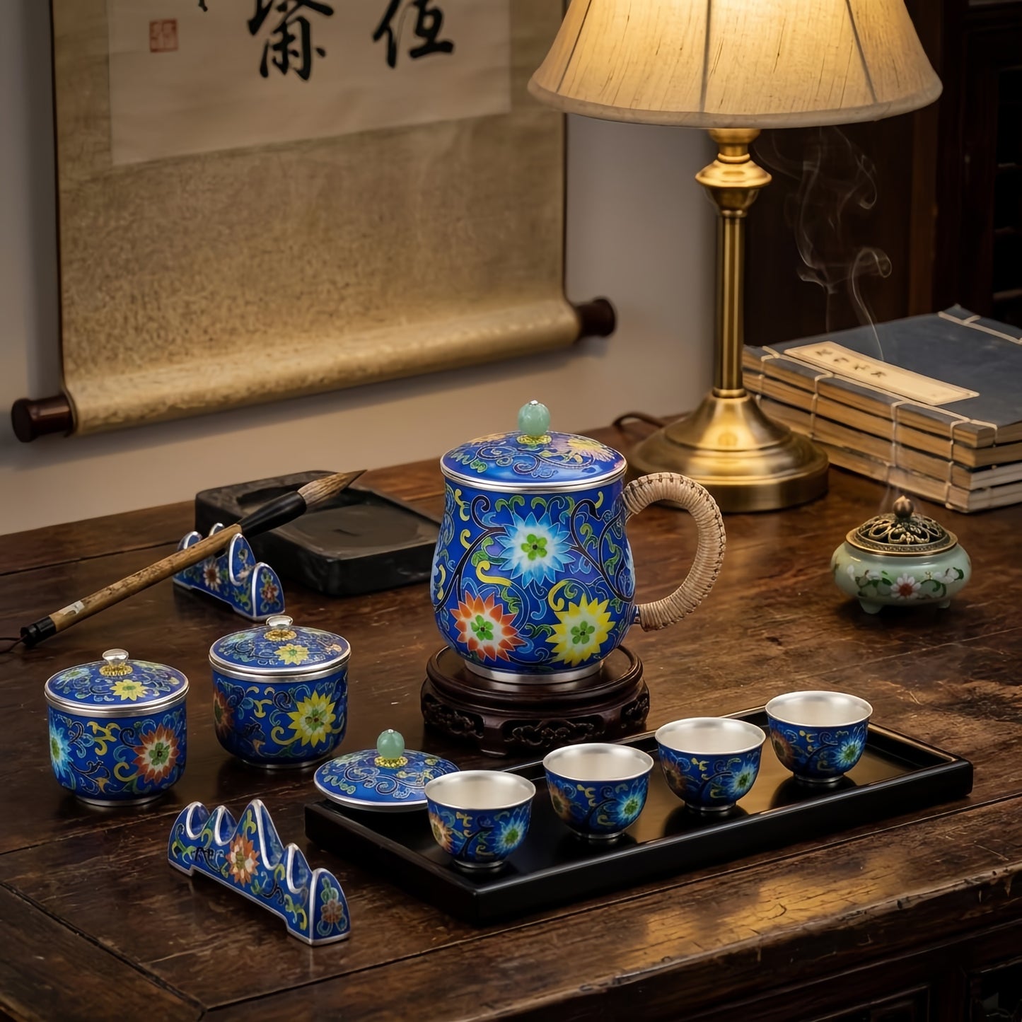925 Sterling Silver Elegant Blue Cloisonné Enamel Tea Mug with Floral Patterns and Woven Handle - Handicraft