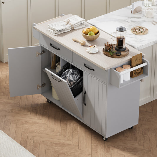 K&K Kitchen Island With Trash Can Storage Cabinet, Kitchen Cart With Drop Leaf, Spice Rack, Towel Rack And Drawer, Rolling Kitchen Island On Wheels With Adjustable Shelf, Grey