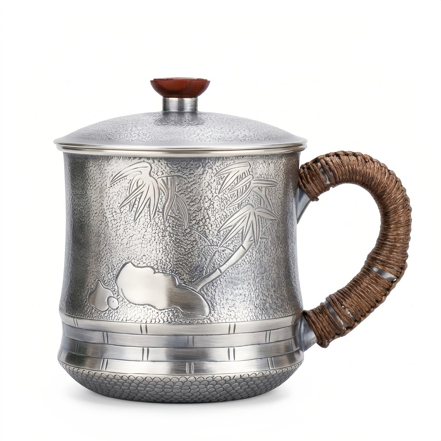 Pure 999 Fine Silver Elegant Metallic Tea Cup with Bamboo Motif and Woven Handle-Premium Tea Mug - Handicraft