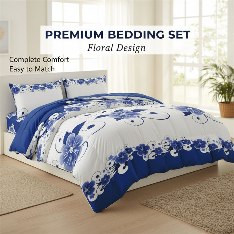 3 Piece Duvet Cover Set, US Designer Blue And White Floral Botanical Print High GSM Heavyweight Comforter Cover With Zipper Closure & Corner Ties, Pet-Friendly Microfiber Bedding