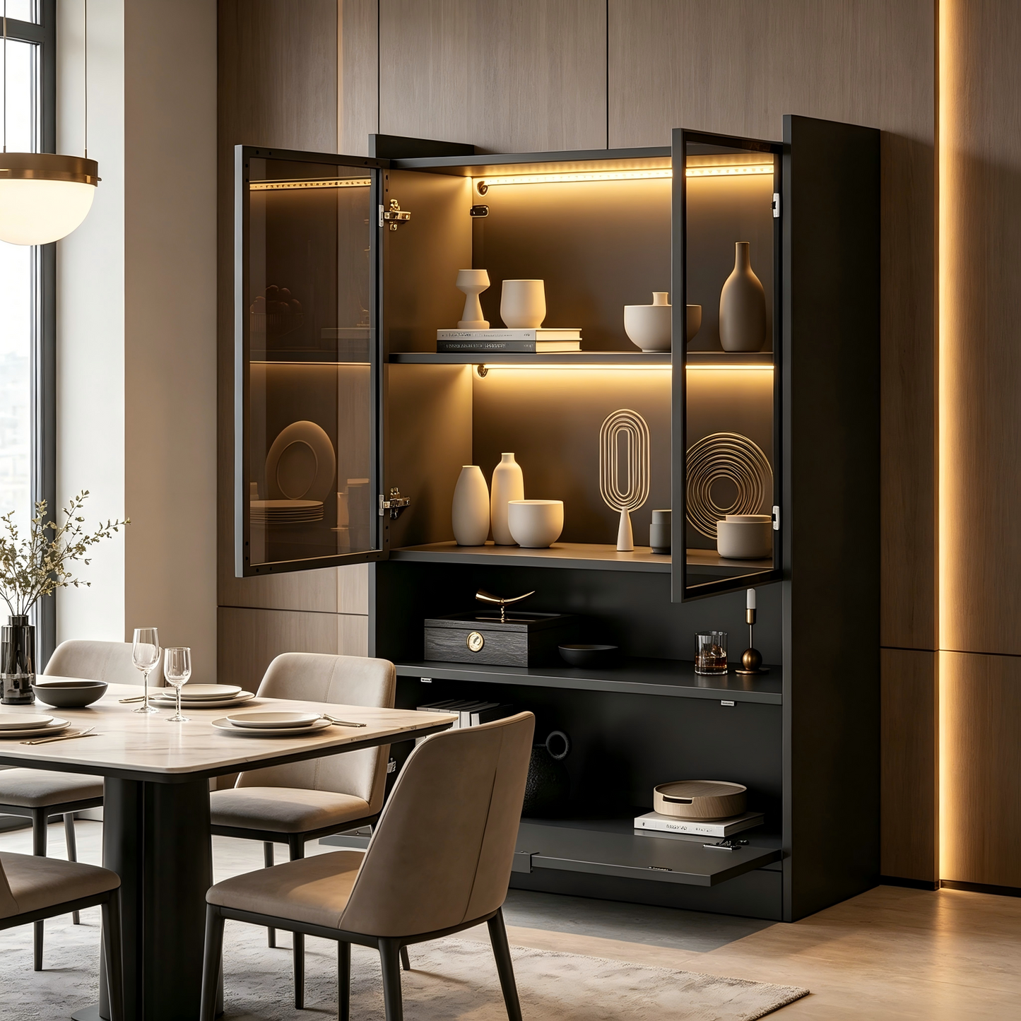 Modern LED Display Cabinet Black Matt Height 120cm With App LED Lighting, Glass Display Cabinet Standing Display Case With Lighting, Living Room Cabinet With Glass Doors And Hinged Door, Chipboard Dis