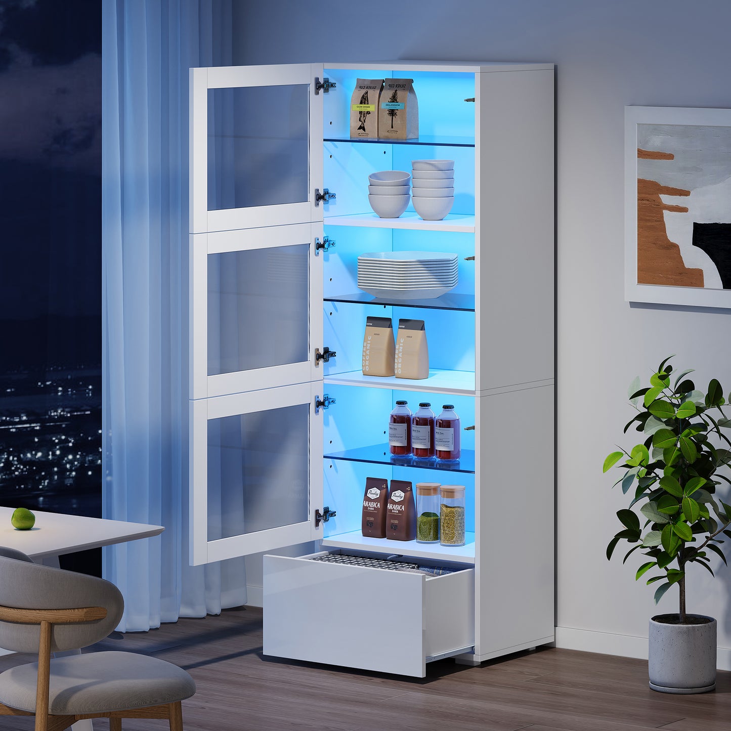 60x40x173cm Wardrobe,Showcase Outdoor Acrylic Wardrobe Door, Showcase High Gloss Storage Cabinet With LED Lighting, 3 Glass Floors, Highboard, Living Room Wardrobe, Storage Cabinet, Wardrobe, Sofa Clo