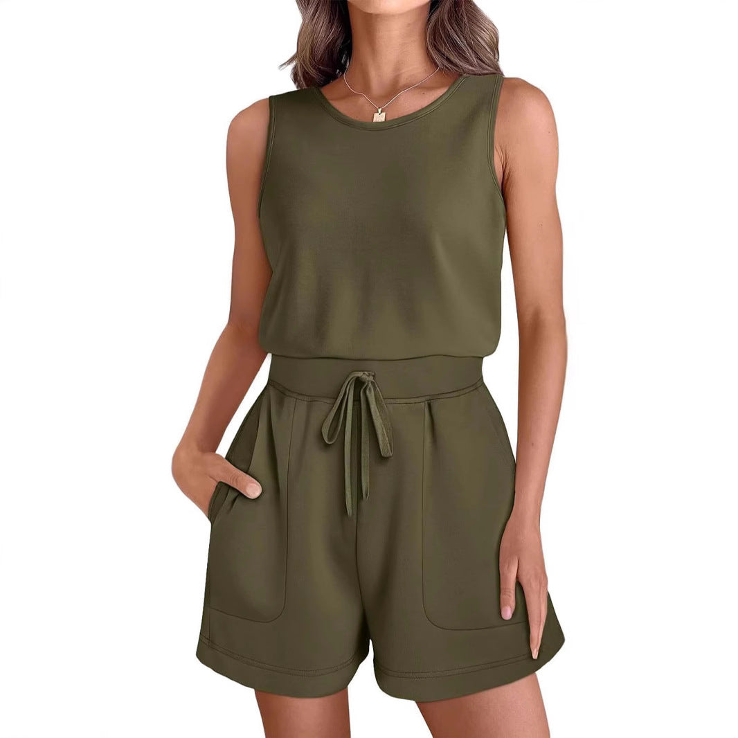 Fashionable Sports Drawstring Vest And Romper Shorts Fitness Wear