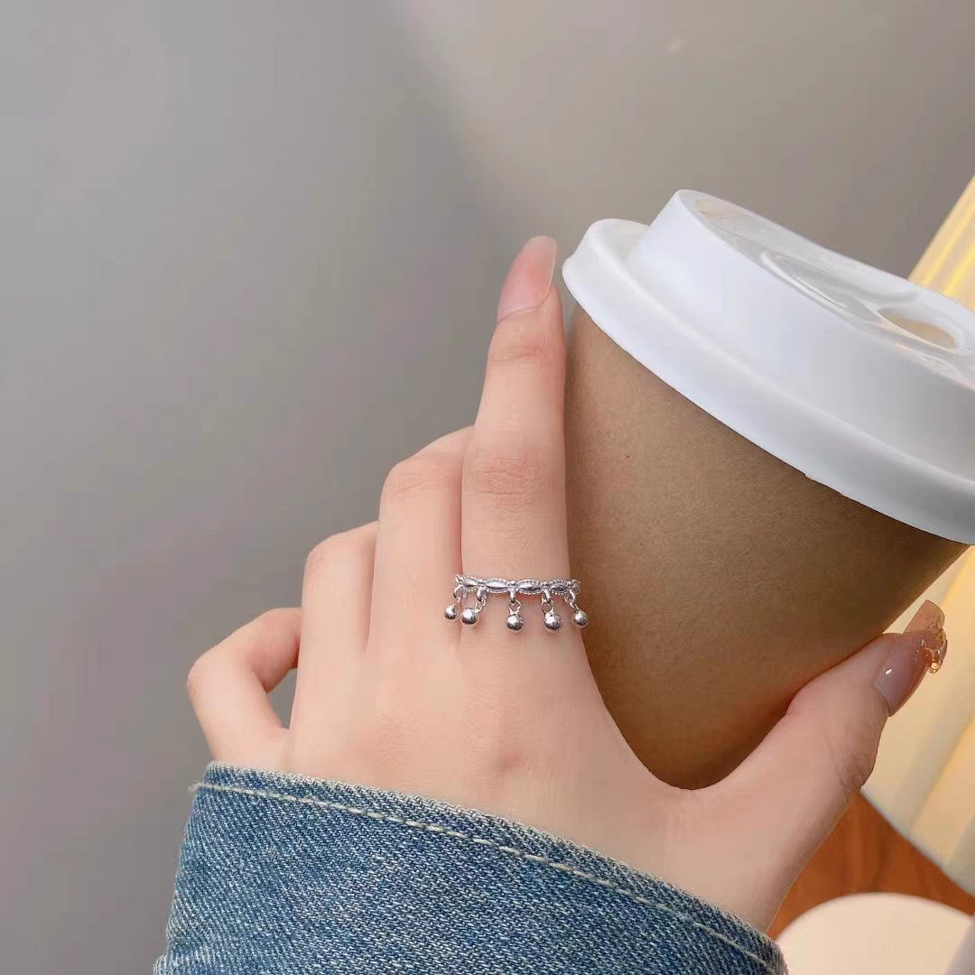 1pc 999 Sterling Silver Filigree Beaded Tassel Open Ring, Sweet & Elegant, Perfect For Daily, Dating & Gifting, Ideal Valentine's Gift