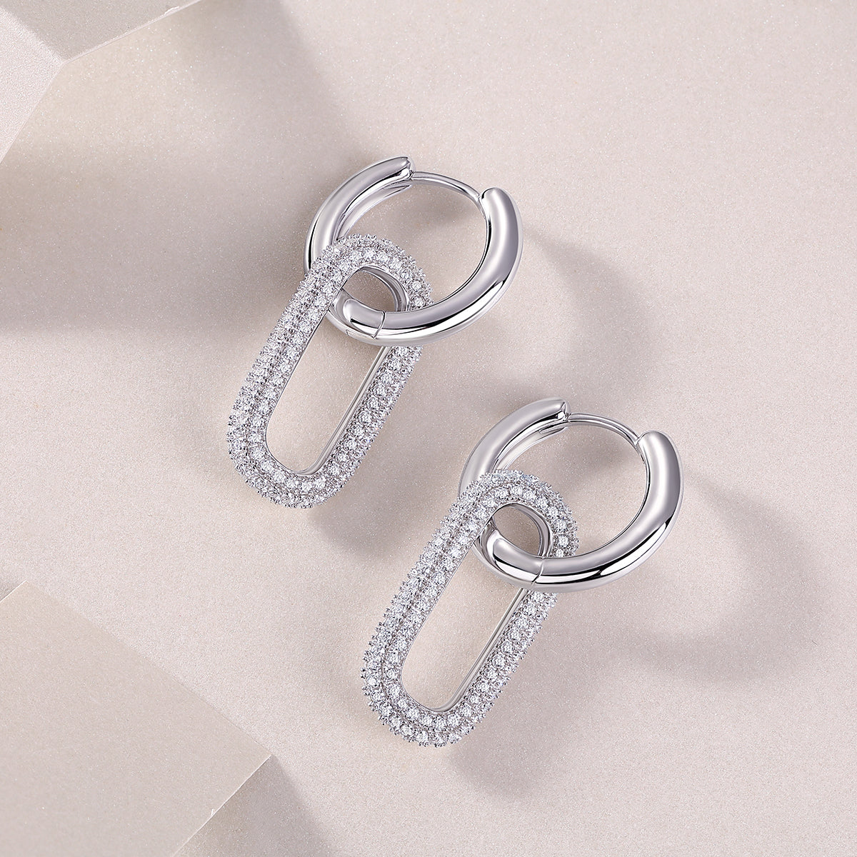 S925 Sterling Silver Geometric Link Drop Earrings, D-VVS1 Moissanite Pave, Platinum Plated 9.4g Women's Jewelry Gift Box