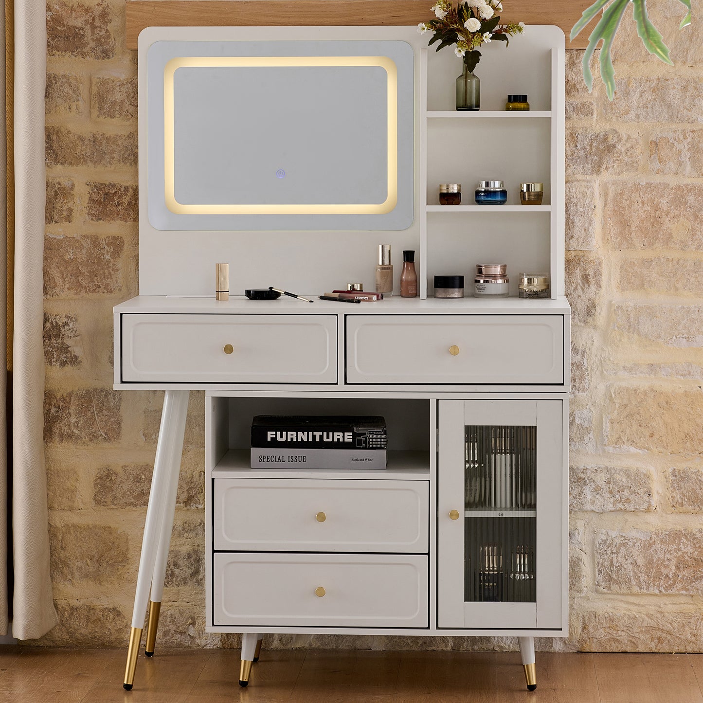 Modern Makeup Vanity Desk With Mirror And Lights, Retractable Dressing Table With Drawers And Cabinet, Compact Makeup Table Set With Power Outlet For Bedroom, White