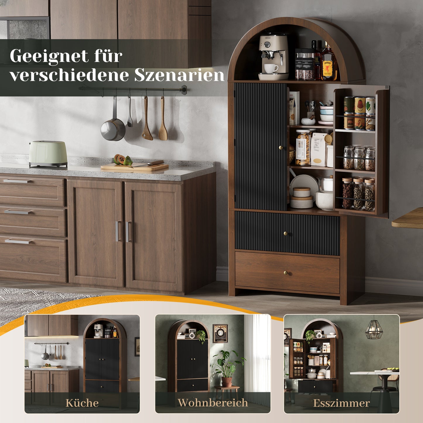 Arched Cabinet 180X80X40cm, Kitchen Cabinet, Display Cabinet, Wine Cabinet With Door Shelves, Open Top Compartment And 2 Drawers, For Kitchen, Dining Room, Living Room, Bedroom, Walnut Look