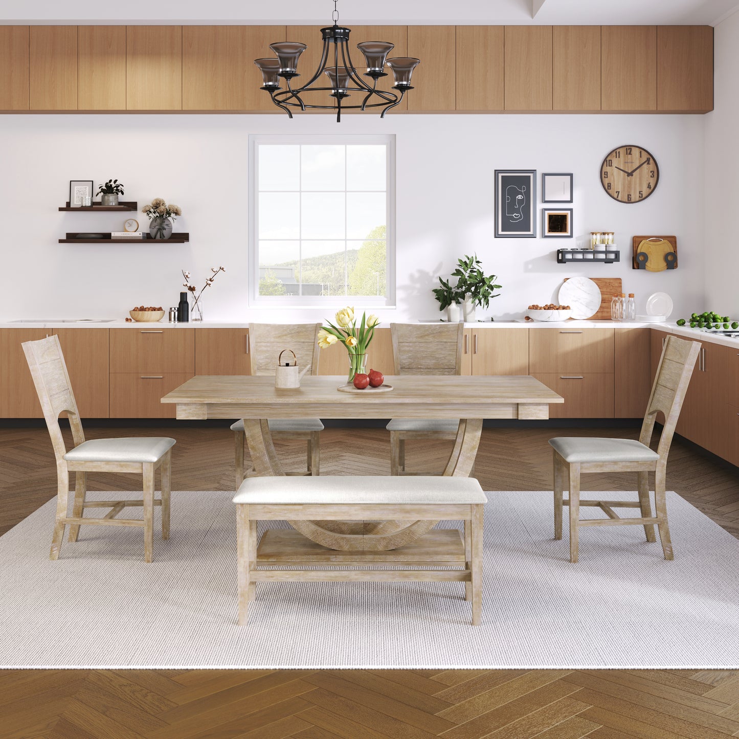 TOPMAX 6-Piece Wood Half Round Dining Table Set Kitchen Table Set With Long Bench And 4 Dining Chairs, Modern Style, Seadrift