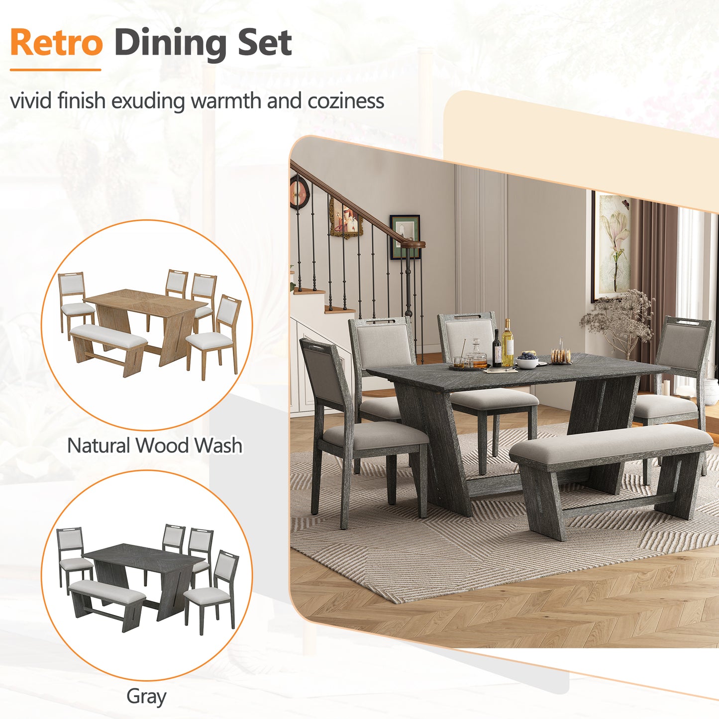 TREXM 6-Piece Retro Dining Table Set For 6  60 Wood Kitchen Table And Chairs Set Of 4 With Bench Designed Trestle Base For Kitchen & Dining Room  Gray