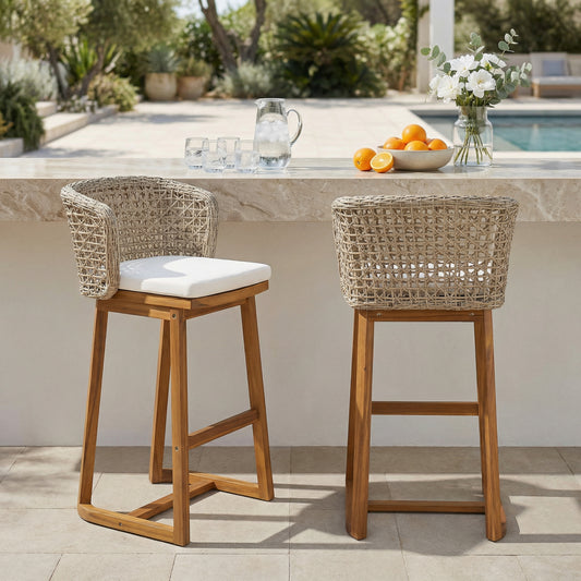 Outdoor Acacia Wood Bar Stools  Set Of 2 , Teak Finish Bar Height Chairs With Beige Cushion & Light Brown Wicker Back, Counter Height Stools For Patio, Poolside, Kitchen Island